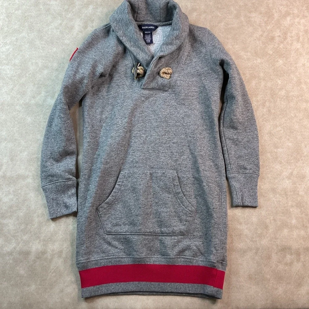 VTG Ralph Lauren Sweater Dress Shawl Collar 90s Toggle Patch Logo Girls M‎ 8/10